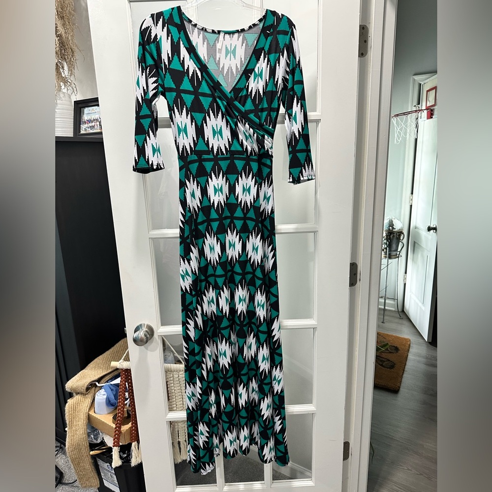 Pinkblush Teal and Gray Geometric Fabric Wrap Dress - Size Small